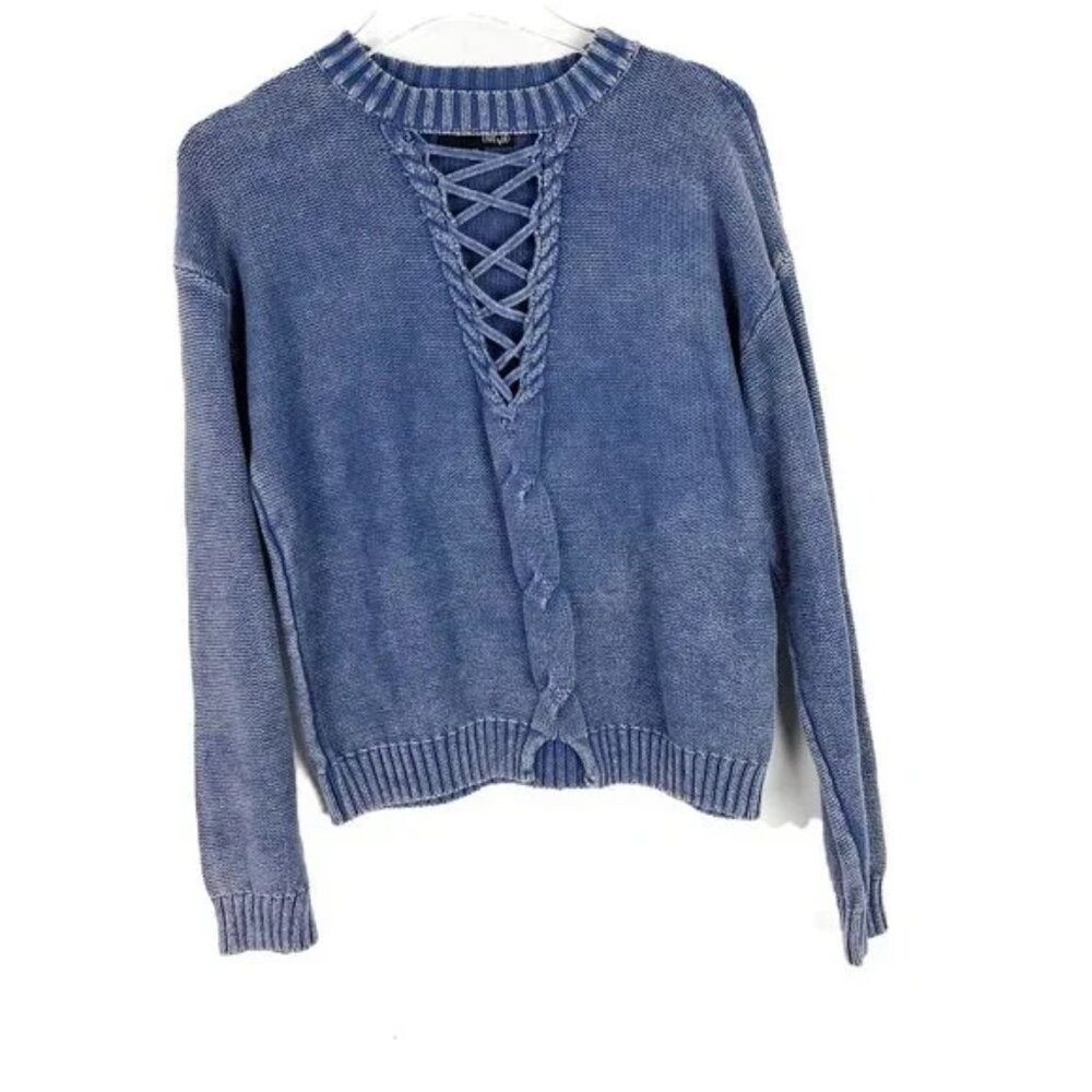 Fate by LFD Garment Dyed Caged Neckline Sweater Blue Fall Size Medium M EUC